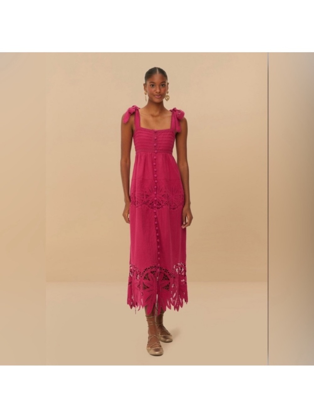 FARM Rio Raspberry Guipure Dress Tie-Shoulder Midi Dress with Eyelet Hem